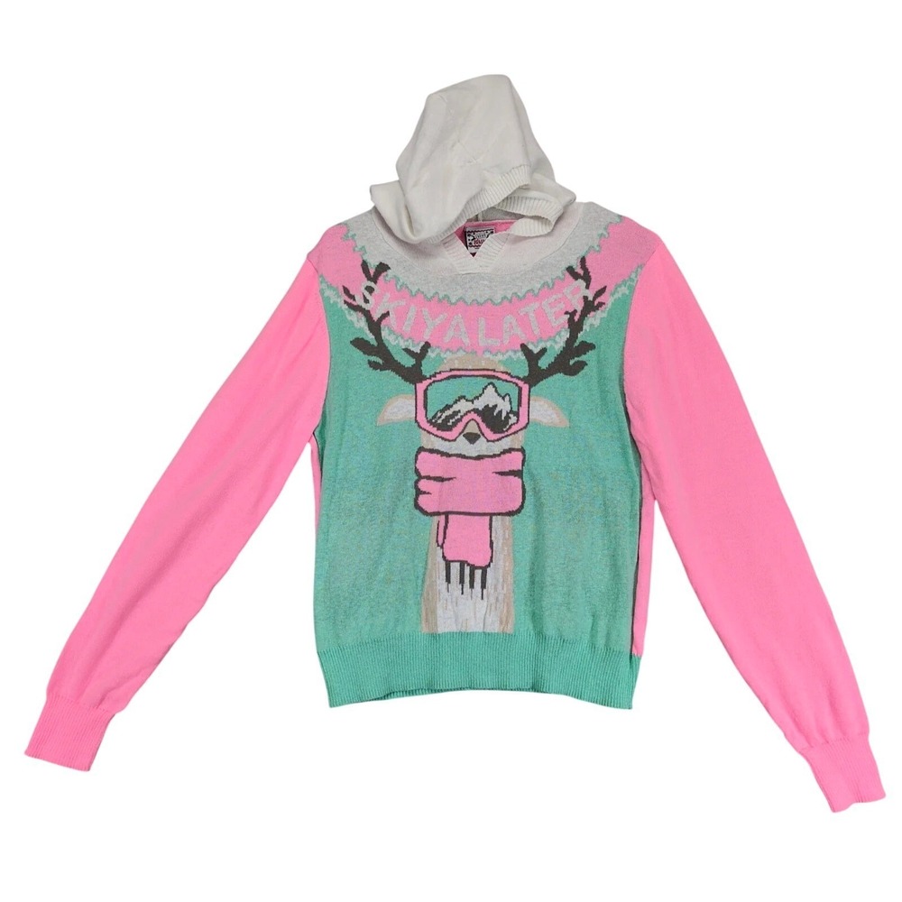 Well Worn Neon Pastel Reindeer Hoodie Holiday Sweater Womens L Ski Ya Later Fun